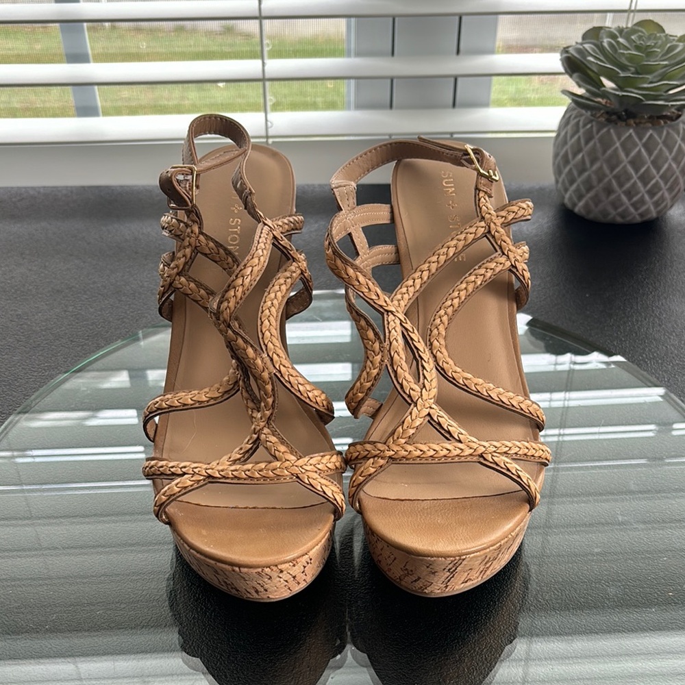 Sun + Stone Tan Cork Wedge Strappy Platform Heel